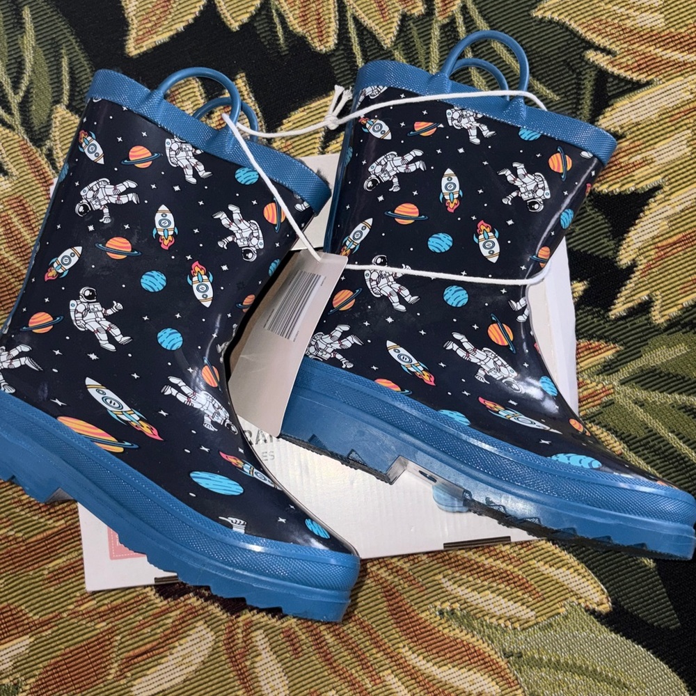 🌴Lily & Dan Kids Astronaut Print Rain Boots Waterproof Fleece Lined Size 2/3